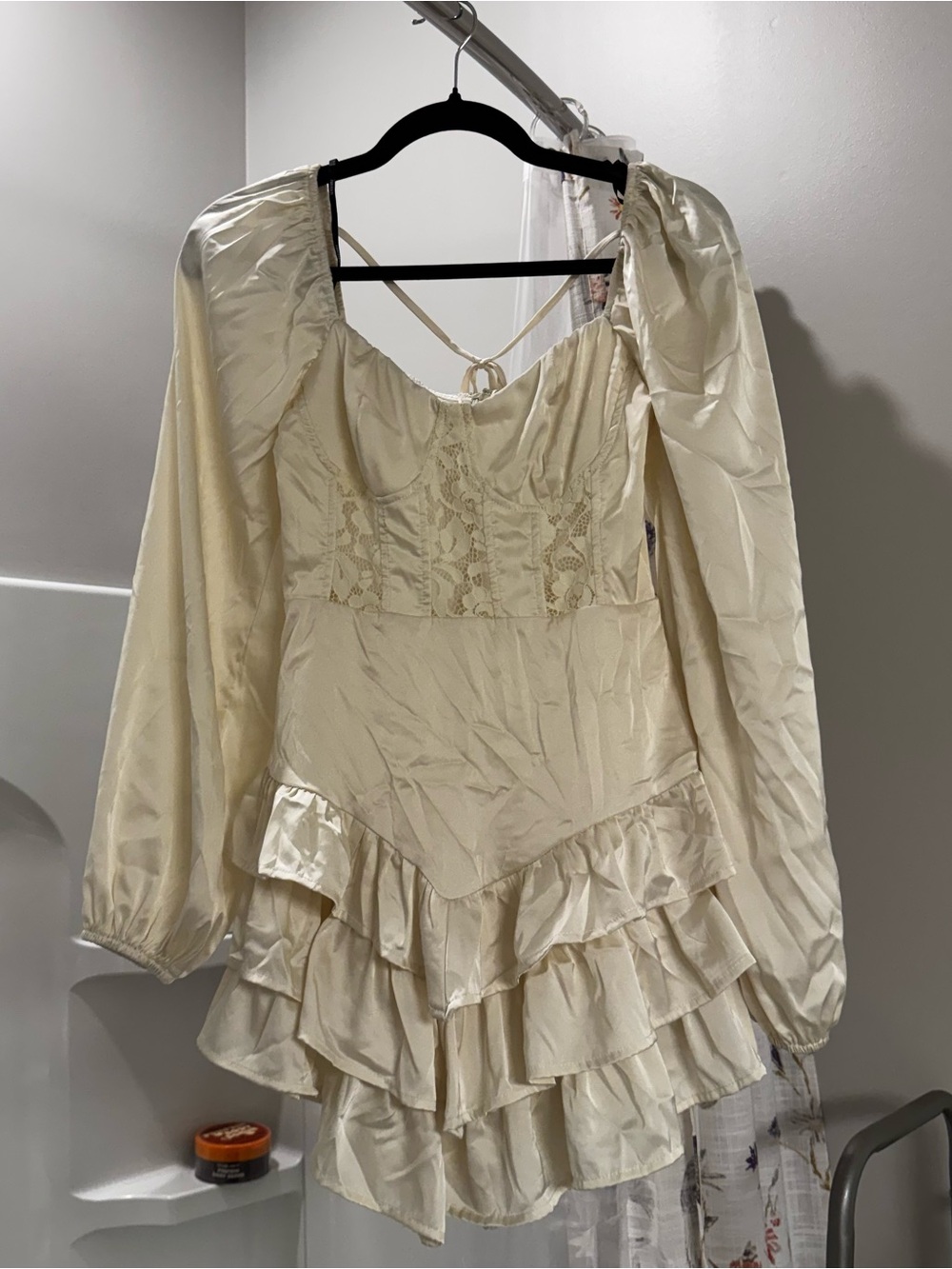 Y2K Coquette Fairycore Forever 21 Ivory Satin Lace Corset Ruffle Mini Dress S